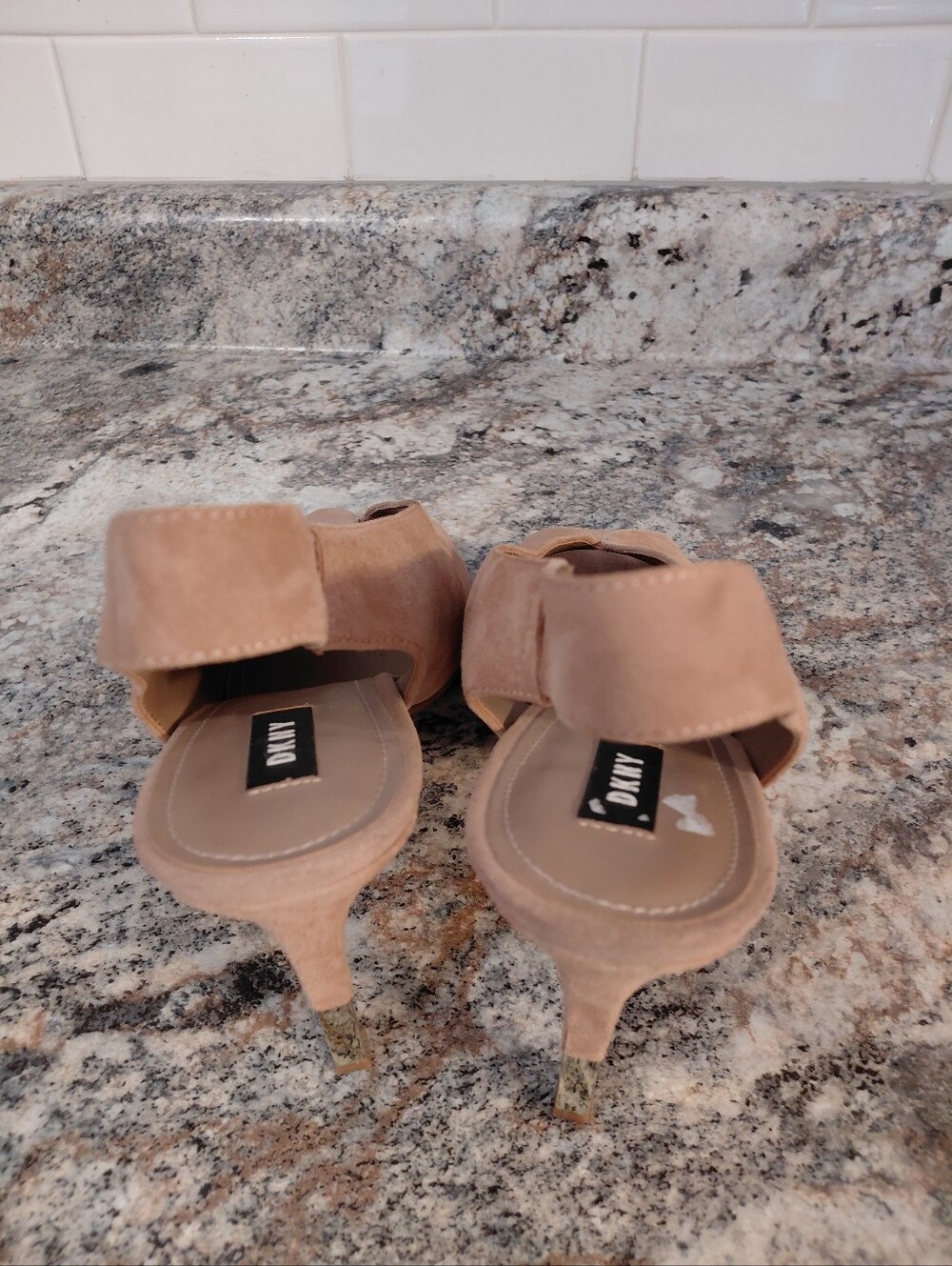 DKNY Nude Tan Suede Slingback Heels With Gold Accent Heels - Picture 7 of 9